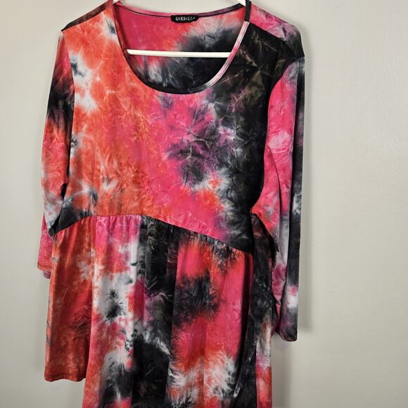 Tie Dye Swing Top 3/4 Sleeve Top 3X Pink Black Orange Hippie Boho Long Length - Picture 2 of 7